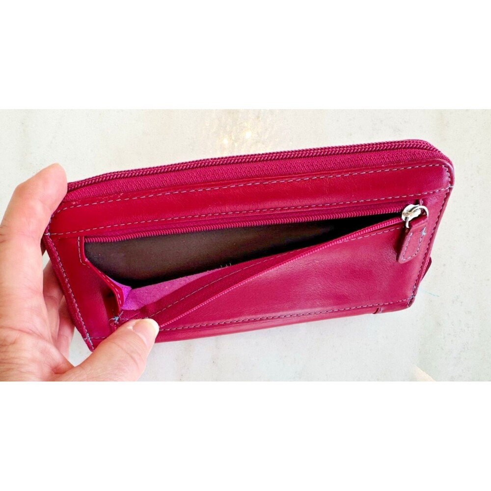 Soft Italian Leather Verde Pelle Large Zippered Wallet Clutch Burgundy Multi - Picture 5 of 12